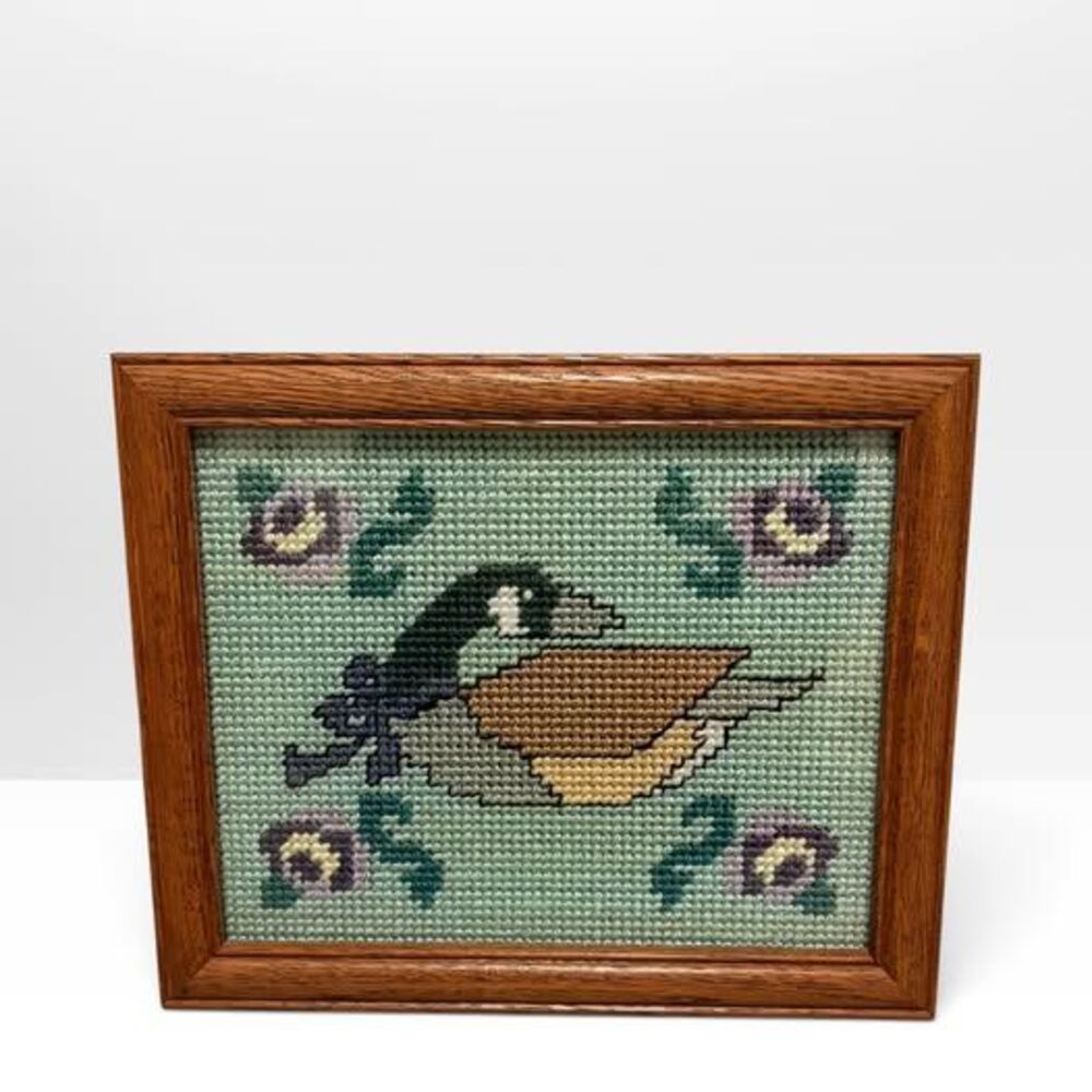 Mallard Duck Needlepoint / Cross-Stitch Wood Framed Art – Cottage Wall Decor